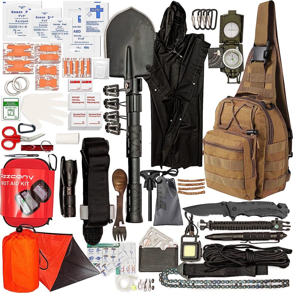 image of example bugout bag kit that includes several first aid items and implements that would be handy for sleeping, and surviving on the go