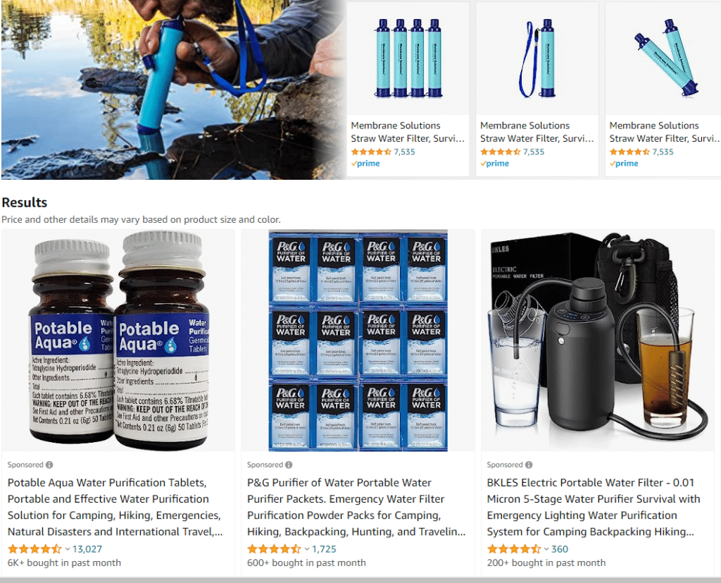 various water purification methods found on Amazon. Image is a screenshot of Amazon.