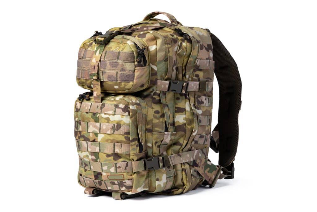 Image of a military bag showing the many loops and straps that are part of the MOLLE system.