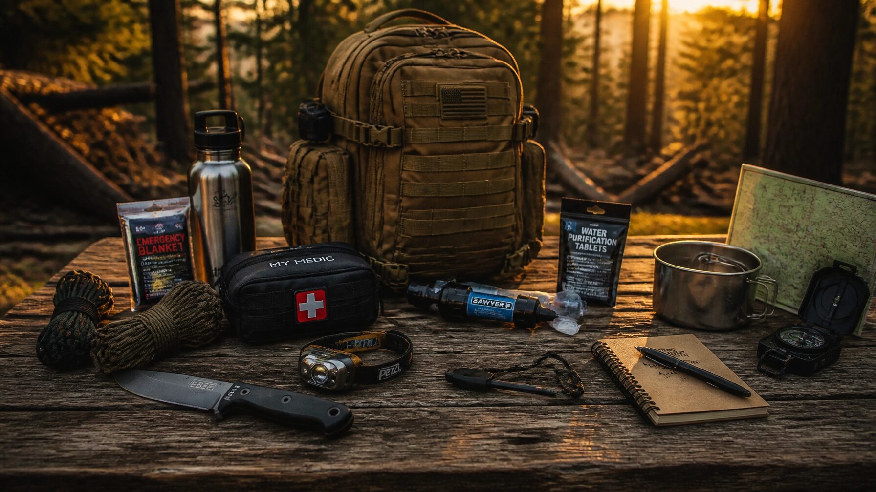 A high-definition survival kit laid out on a weathered wooden table in a forest setting, captured in the warm glow of the golden hour.